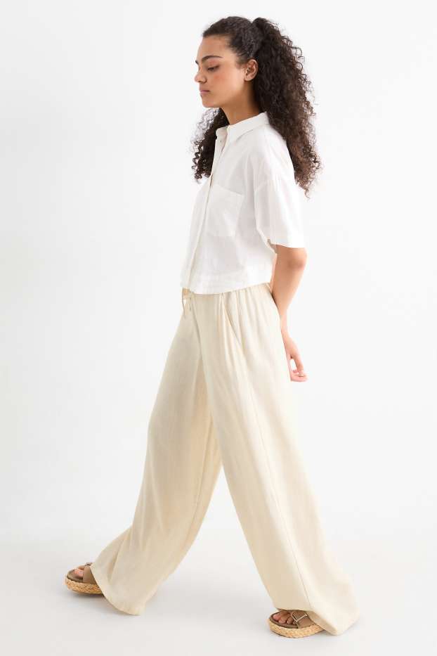Damen - Stoffhose mit Leinen-Anteil - Mid Waist - Wide Leg - hellbeige