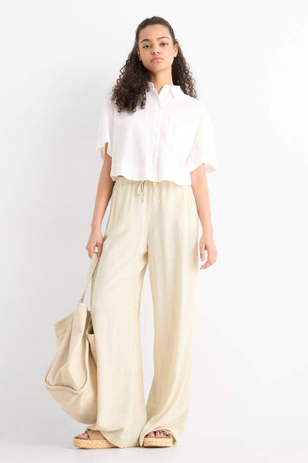 Damen - Stoffhose mit Leinen-Anteil - Mid Waist - Wide Leg - hellbeige