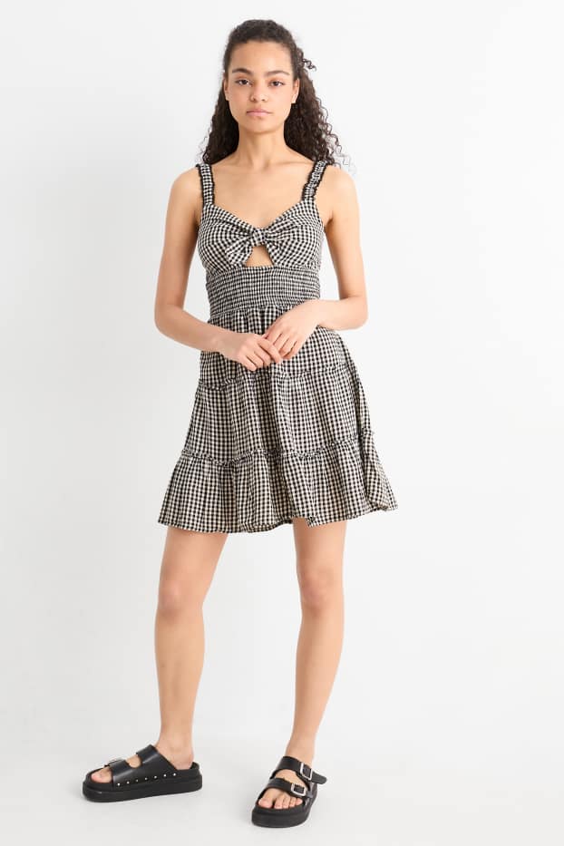 Kobiety - Sukienka fit & flare z supłem - w kratkę - czarny / beżowy