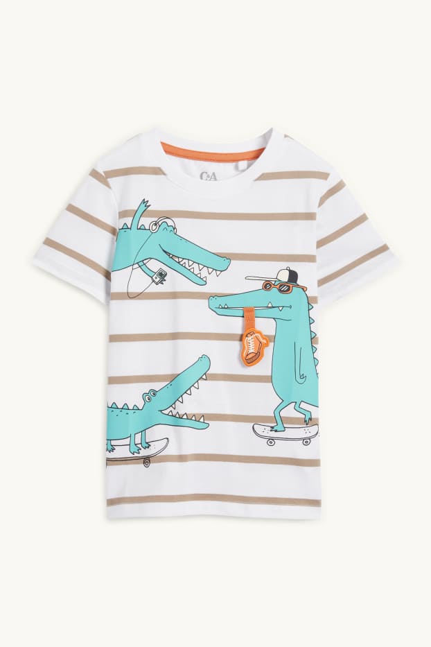 Kinderen: jongens - Skatende krokodil - T-shirt - gestreept - wit