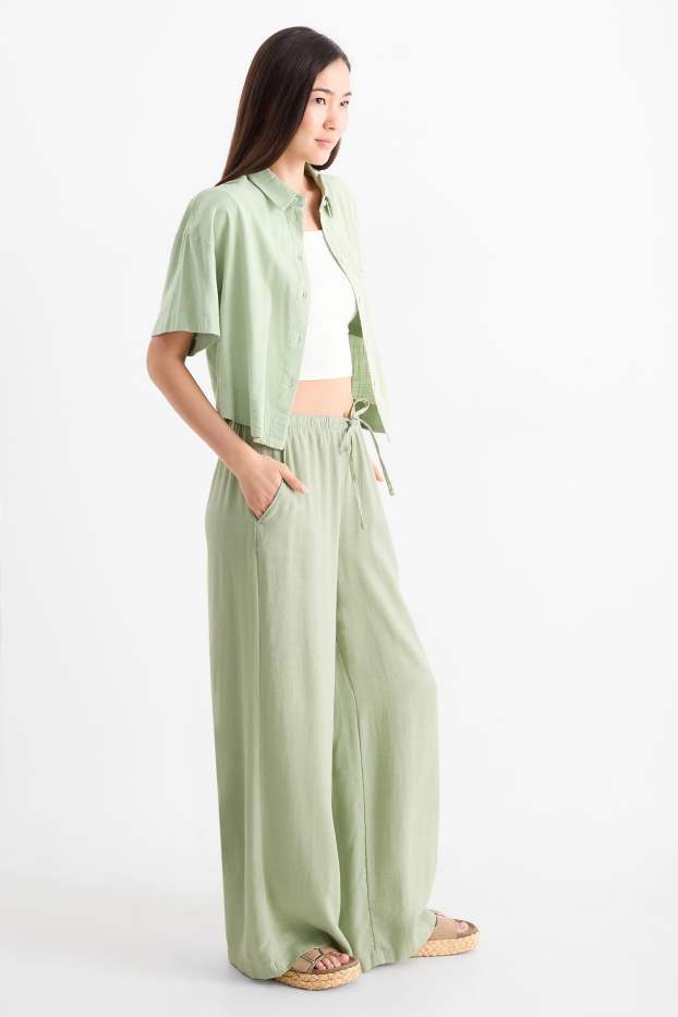 Damen - Stoffhose mit Leinen-Anteil - Mid Waist - Wide Leg - hellgrün