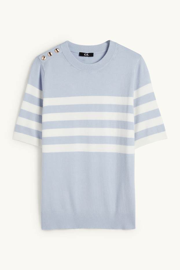 Damen - Strickpullover - kurzarm - gestreift - hellblau