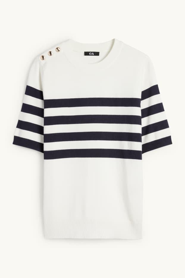 Damen - Strickpullover - kurzarm - gestreift - weiß / schwarz