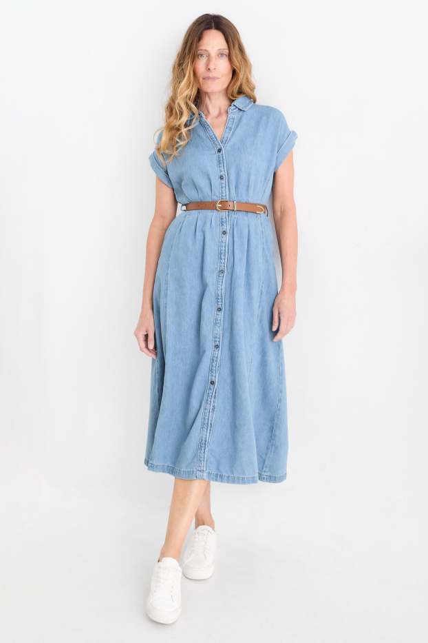 Women - Denim shirt dress with belt - blue denim