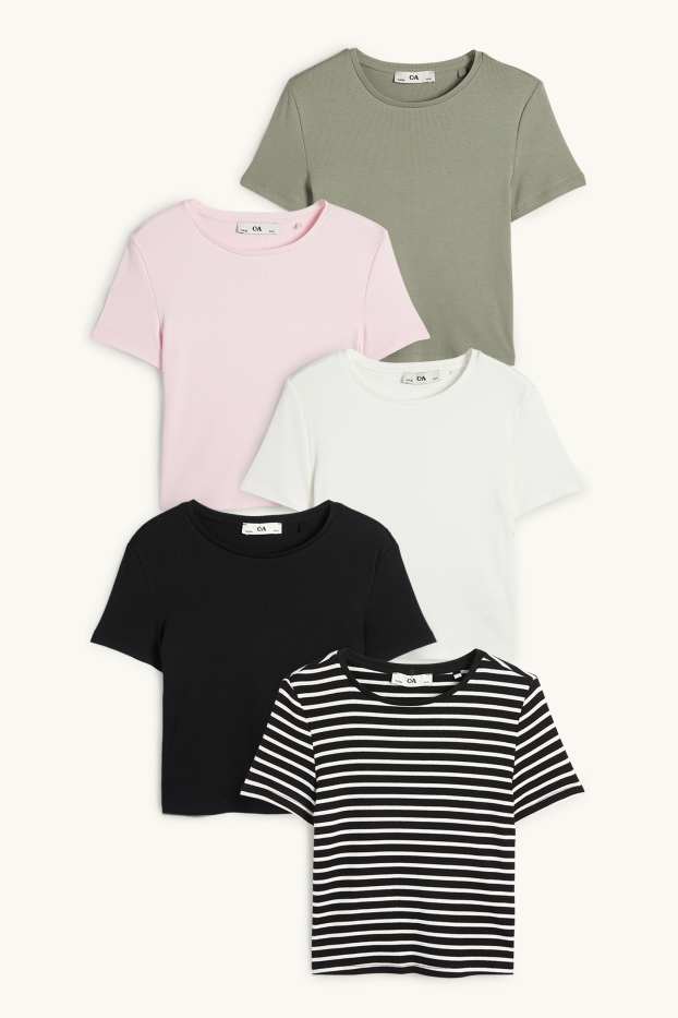 Enfants filles - Lot de 5 - T-shirts - côtelés - blanc / noir