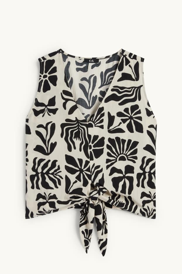 Femmes - Chemisier à col V et nœud - à motif - noir / beige