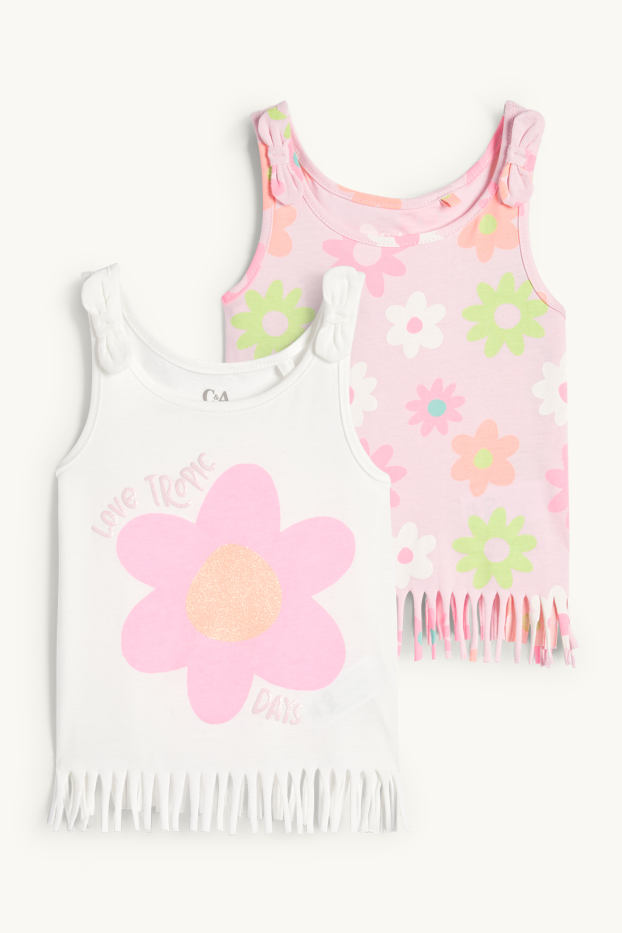 Enfants filles - Lot de 2 - fleurs - tops effrangés - rose