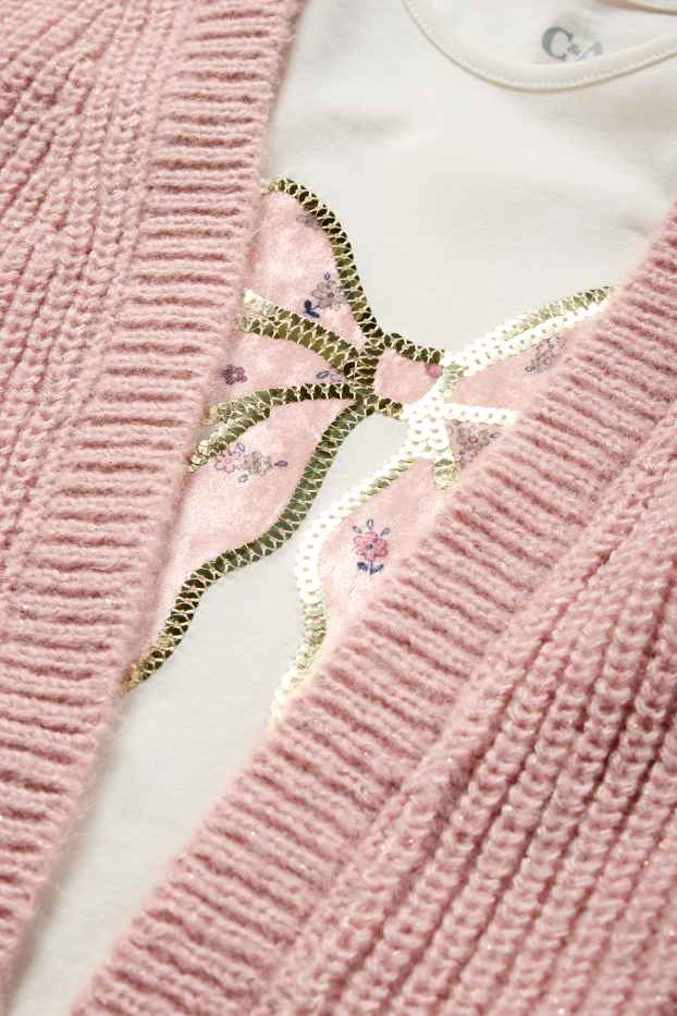 Children Girls - Bow - set - long sleeve top and cardigan - 2 piece - dark rose