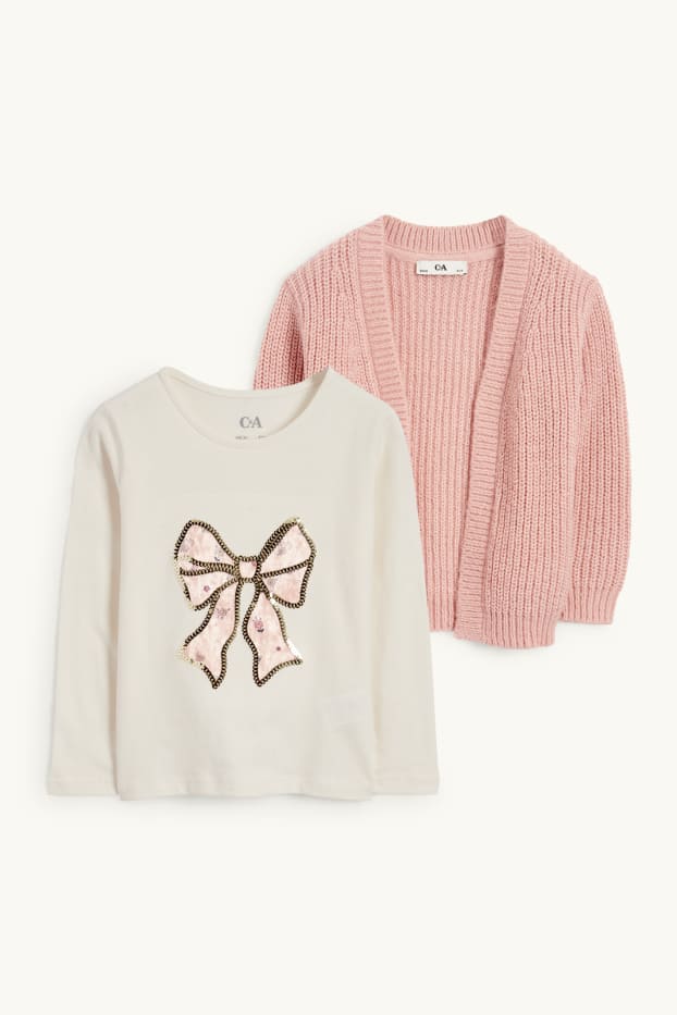 Children Girls - Bow - set - long sleeve top and cardigan - 2 piece - dark rose