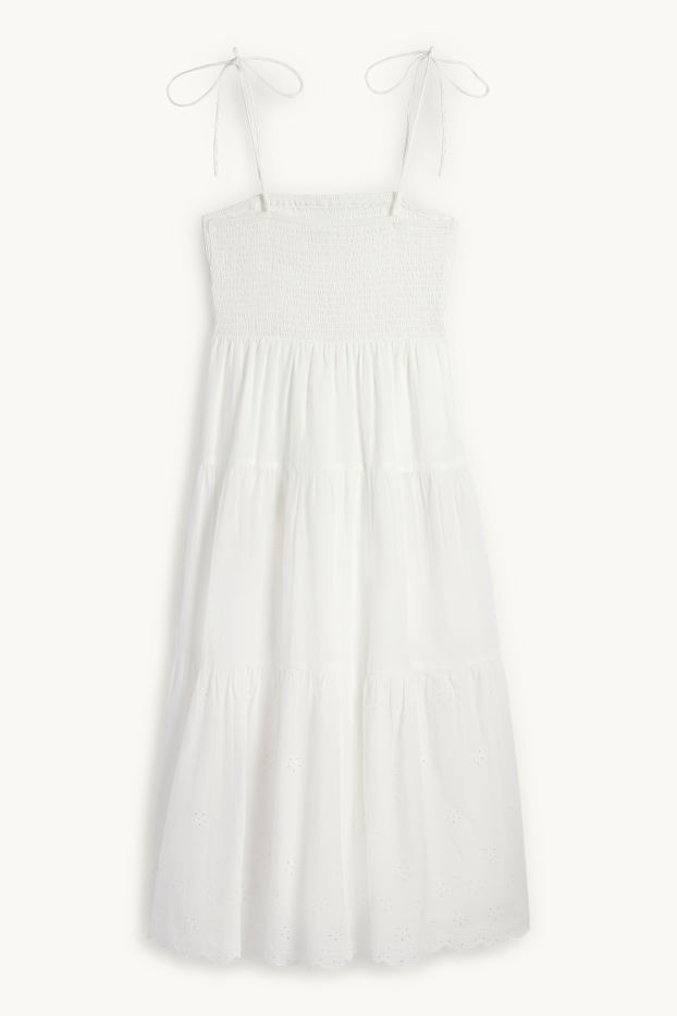 Damen - A-Linien Kleid - Broderie Anglaise - gesmokt - weiß