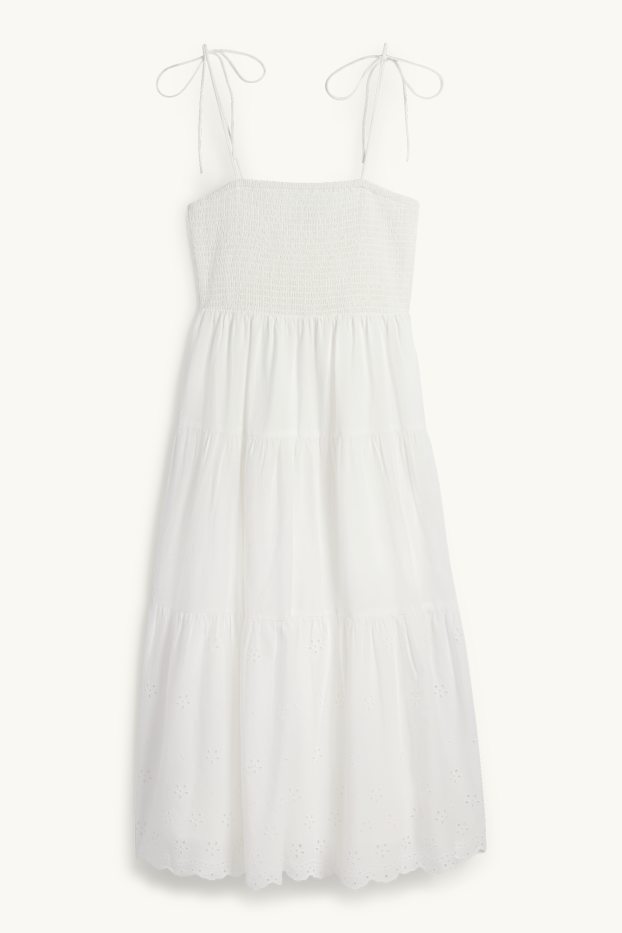 Damen - A-Linien Kleid - Broderie Anglaise - gesmokt - weiß