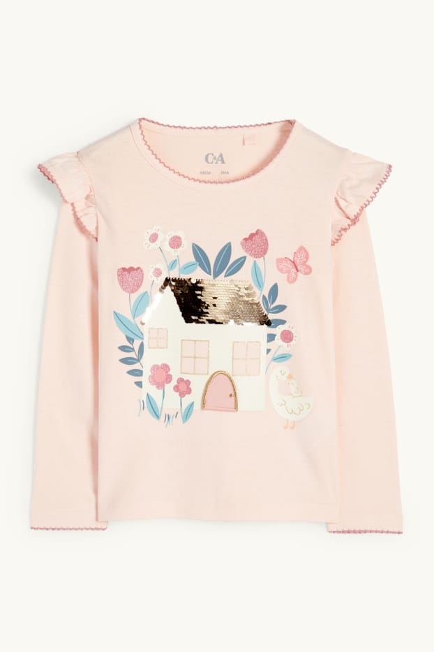Kinder Mädchen - Gänse und Haus - Langarmshirt - Glanz-Effekt - rosa
