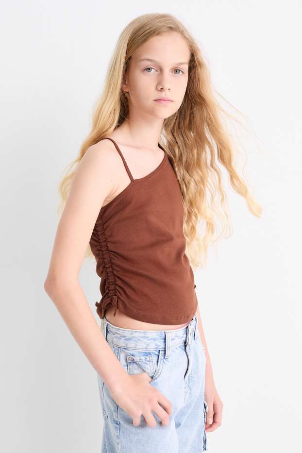 Kinderen: meisjes - Set van 2 - top - bruin / crème wit