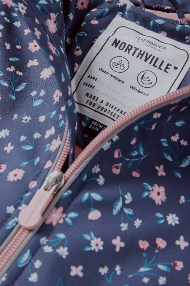 Kinder Mädchen - Softshelljacke mit Kapuze - wasserdicht - geblümt - dunkelblau