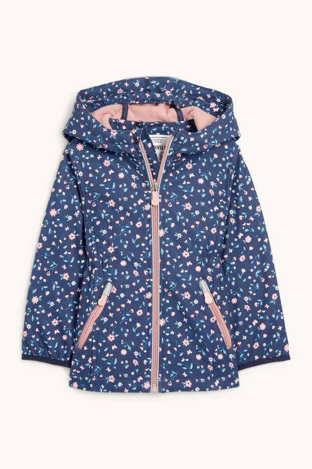 Kinder Mädchen - Softshelljacke mit Kapuze - wasserdicht - geblümt - dunkelblau