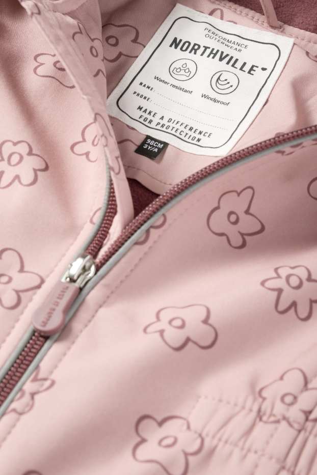 Enfants filles - Veste à coquille souple à capuche - imperméable - à fleurs - rose foncé