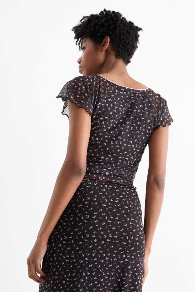 Femei - Tricou crop - cu flori - albastru închis