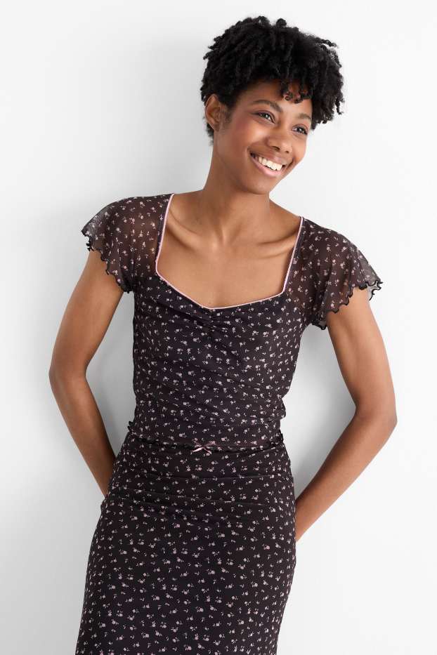 Femei - Tricou crop - cu flori - albastru închis