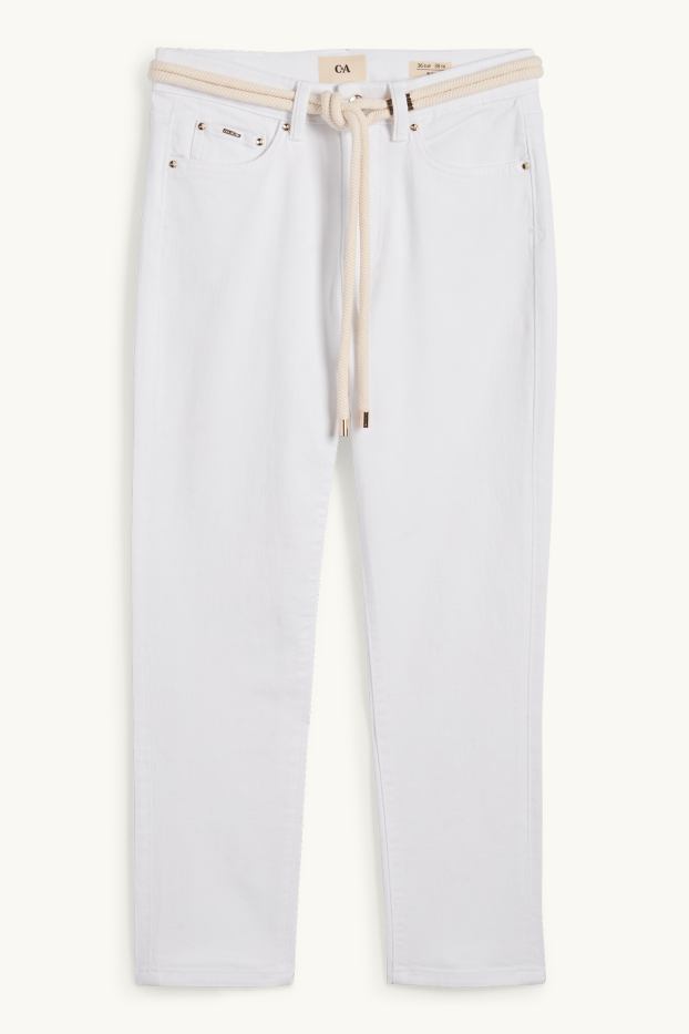 Damen - Crop Slim Jeans mit Gürtel - Mid Waist - weiß