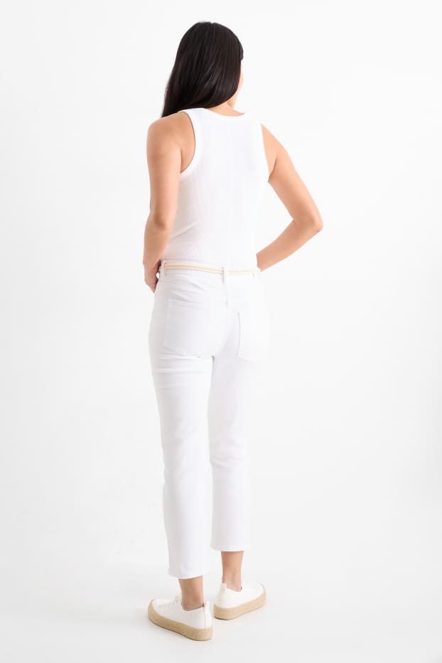 Damen - Crop Slim Jeans mit Gürtel - Mid Waist - weiß
