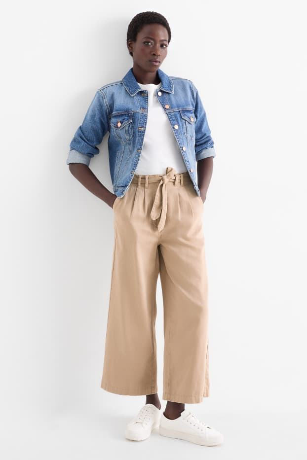 Dames - Pantalon met ceintuur - high waist - wide leg - beige