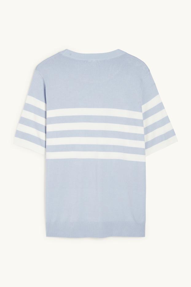 Damen - Strickpullover - kurzarm - gestreift - hellblau