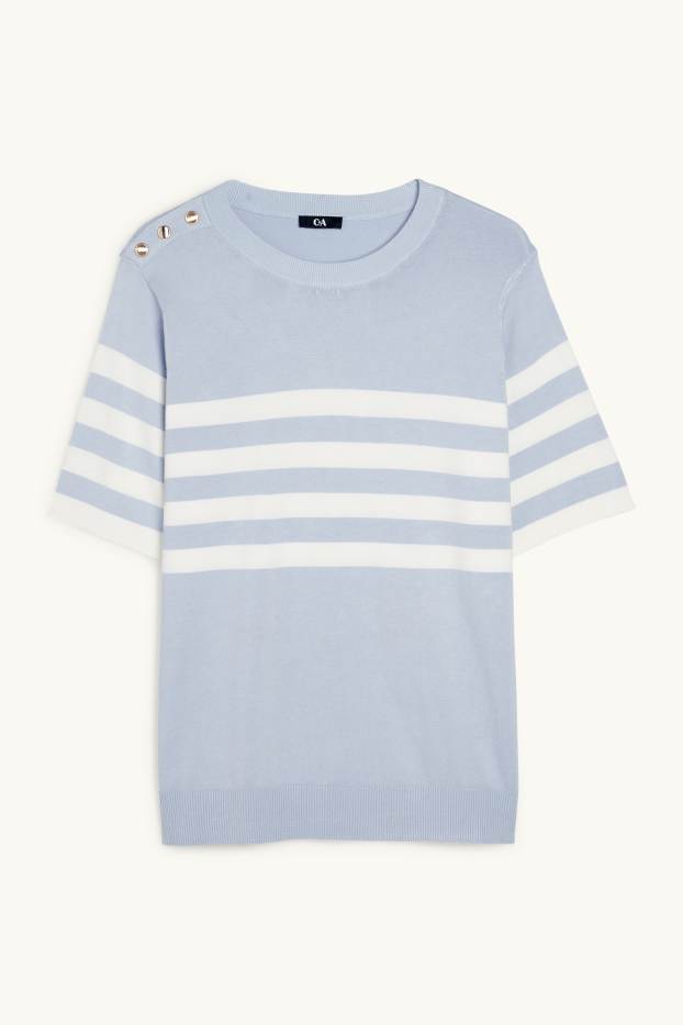 Damen - Strickpullover - kurzarm - gestreift - hellblau