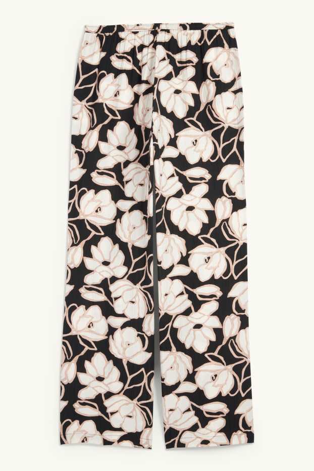 Femei - Pantaloni de stofă - talie medie - palazzo - cu flori - negru / nej
