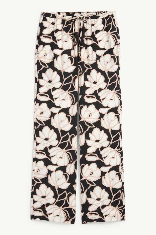 Femei - Pantaloni de stofă - talie medie - palazzo - cu flori - negru / nej