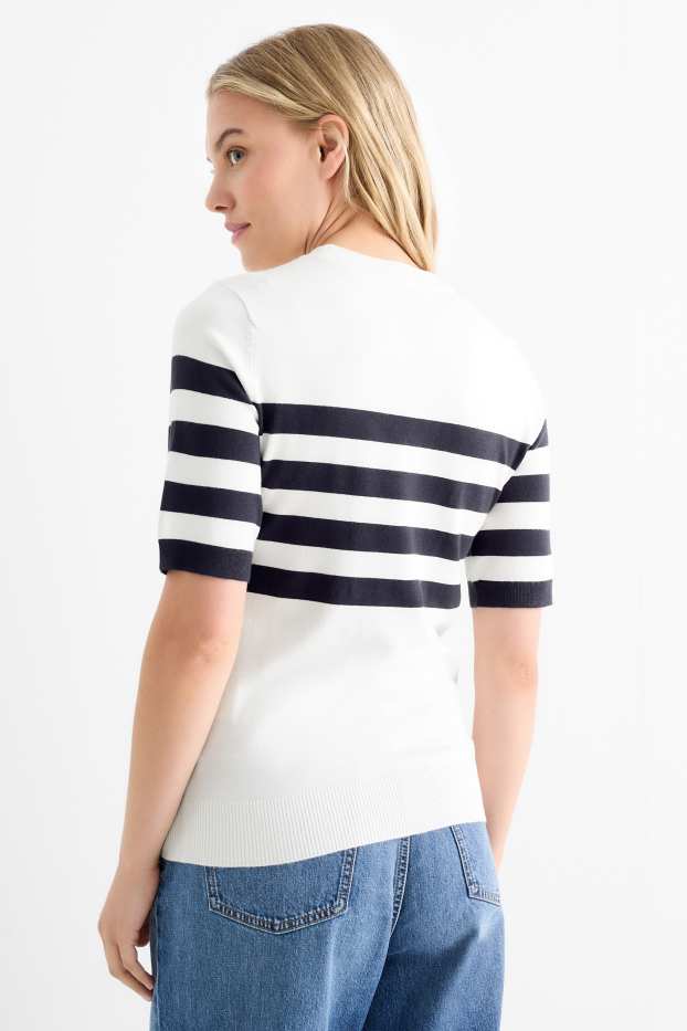 Damen - Strickpullover - kurzarm - gestreift - weiß / schwarz