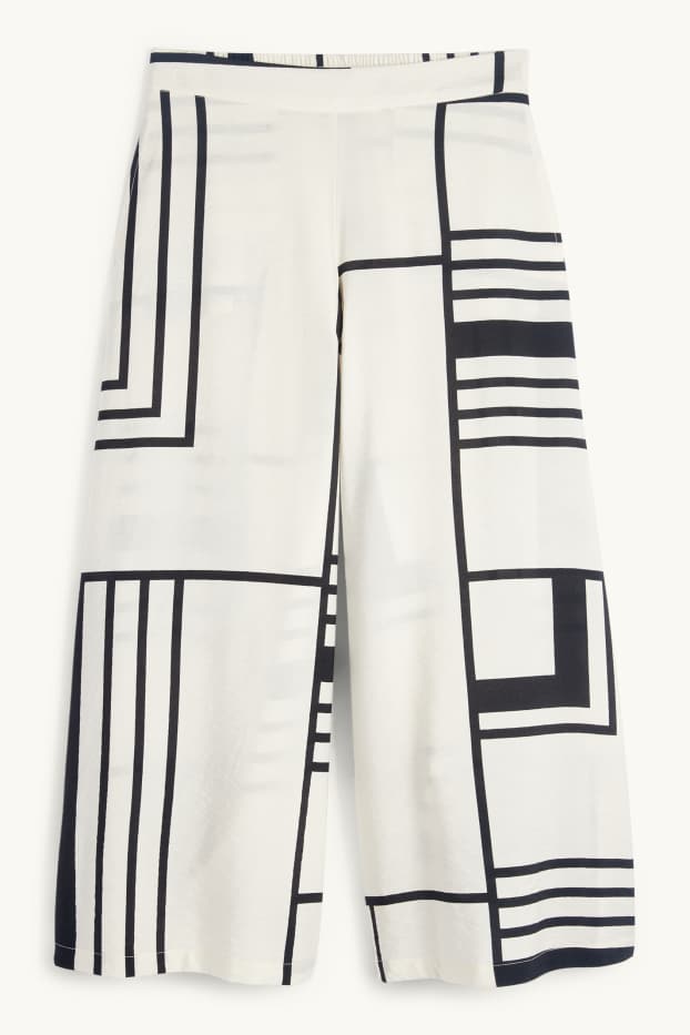 Femei - Pantaloni de stofă - talie înaltă - wide leg - cu model - alb / negru