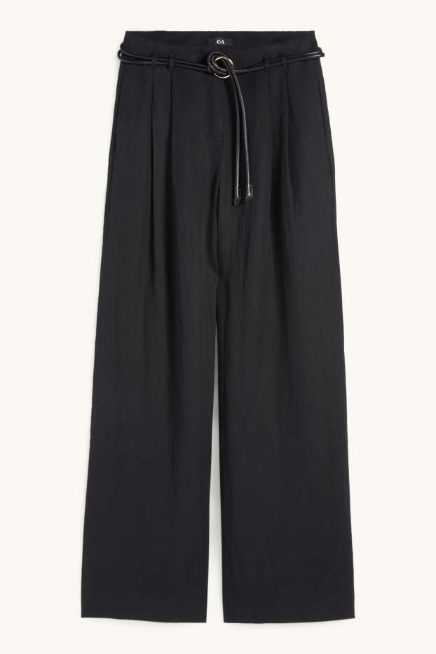 Women - Cloth trousers with belt - high waist - wide leg - black