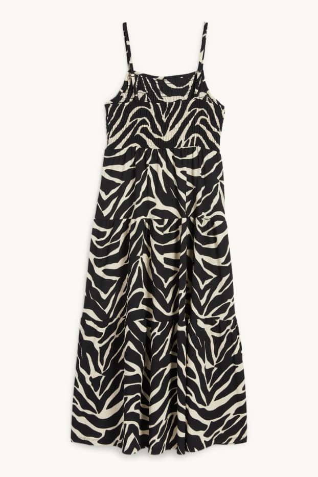Damen - Fit & Flare Kleid - gemustert - strukturiert - gesmokt - schwarz / beige