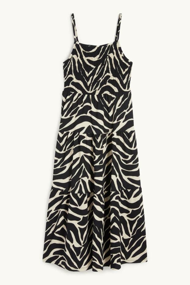 Damen - Fit & Flare Kleid - gemustert - strukturiert - gesmokt - schwarz / beige