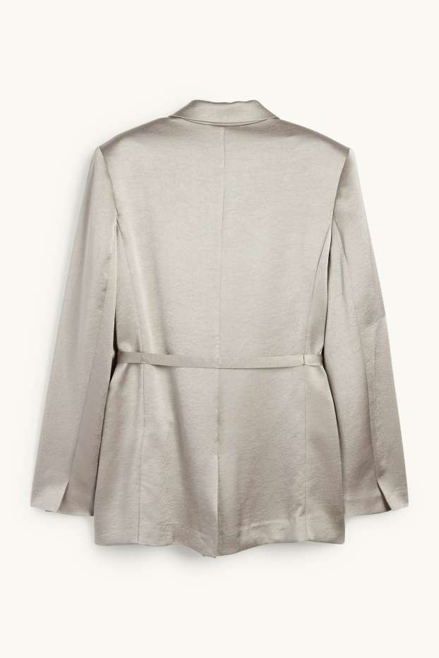 Dames - Lange blazer - getailleerd - glanzend - lichtgrijs