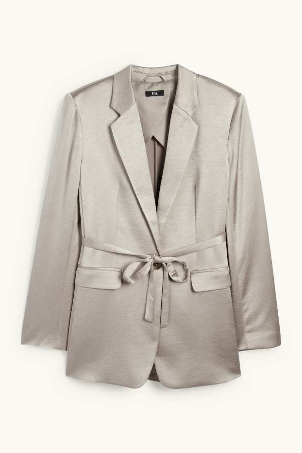 Dames - Lange blazer - getailleerd - glanzend - lichtgrijs