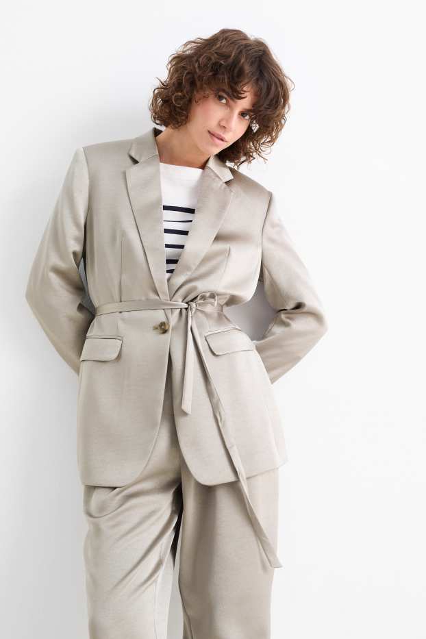 Dames - Lange blazer - getailleerd - glanzend - lichtgrijs