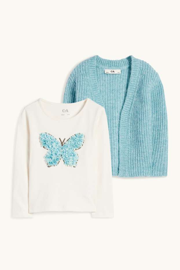Enfants filles - Papillon - ensemble - haut à manches longues et gilet en maille - turquoise