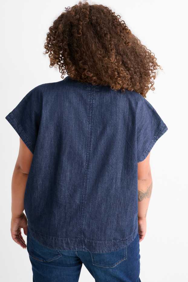 Women - V-neck denim top - denim-dark blue