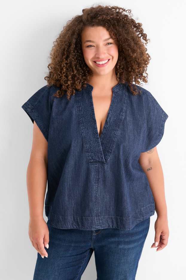 Women - V-neck denim top - denim-dark blue