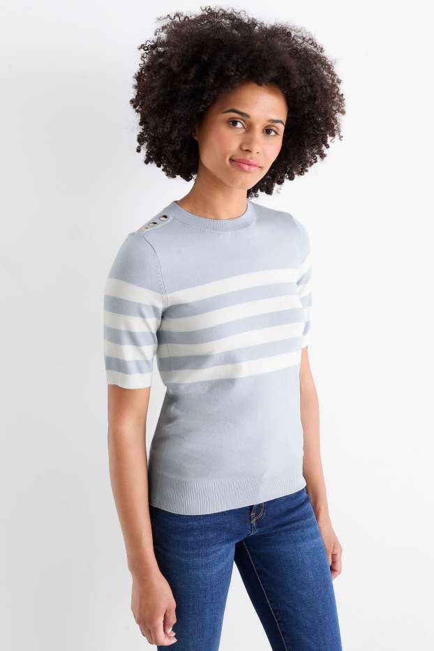 Damen - Strickpullover - kurzarm - gestreift - hellblau