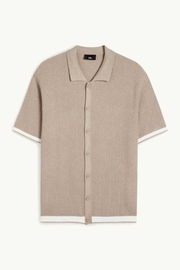 Hommes - Chemise en maille - regular fit - col kent - finition côtelée - beige