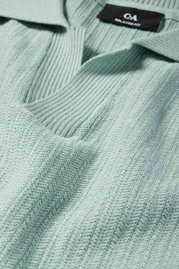 Men - Knitted polo shirt - relaxed fit - textured - turquoise