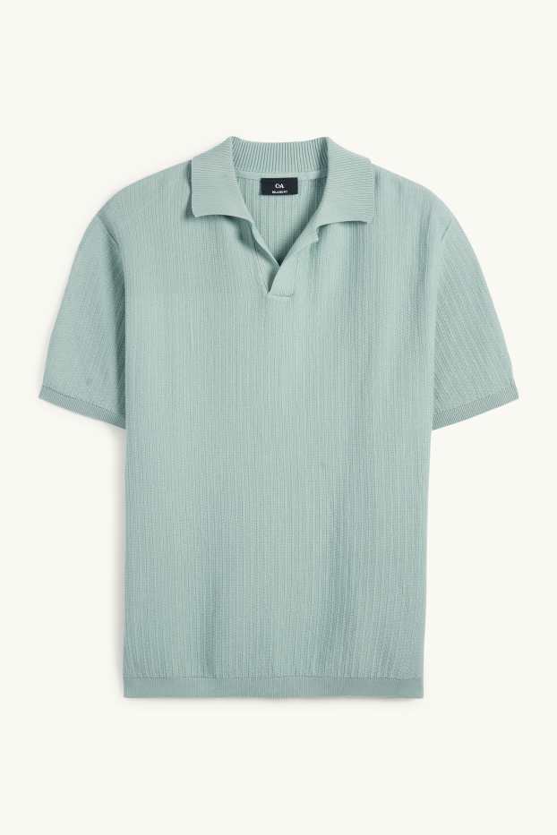 Men - Knitted polo shirt - relaxed fit - textured - turquoise
