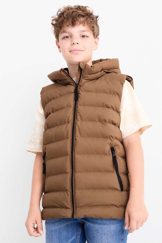 Kinderen: jongens - Bodywarmer met capuchon - waterafstotend - bruin