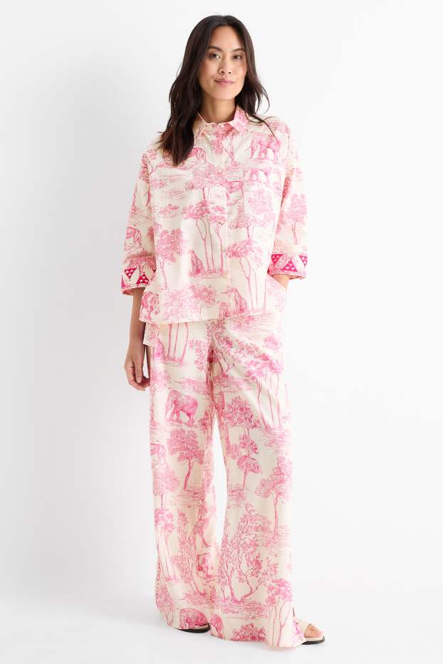 Damen - Rangsutra x C&A - Stoffhose - High Waist - Palazzo - weiß / rosa
