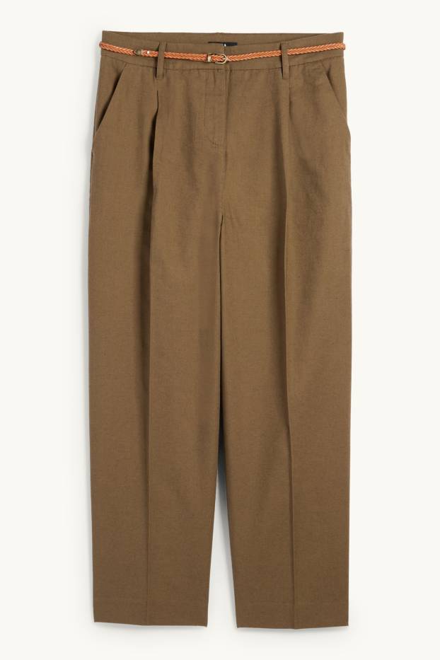 Damen - Stoffhose mit Gürtel - Mid Waist - Tapered Fit - Leinen-Mix - braun