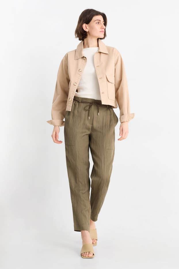 Women - Cloth trousers - high waist - tapered fit - brown