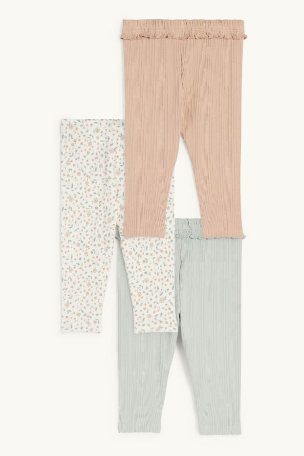 Bebés niñas - Pack de 3 - florecitas - leggings para bebé - de canalé - verde menta