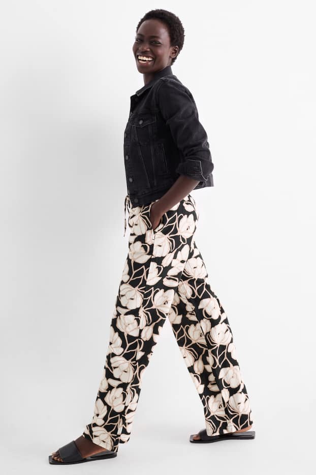 Femei - Pantaloni de stofă - talie medie - palazzo - cu flori - negru / nej